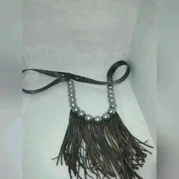 PLUNDER Fringes & Pearl Beads Necklace Nylon Strap/Chain Gray Shades - Picture 1 of 2
